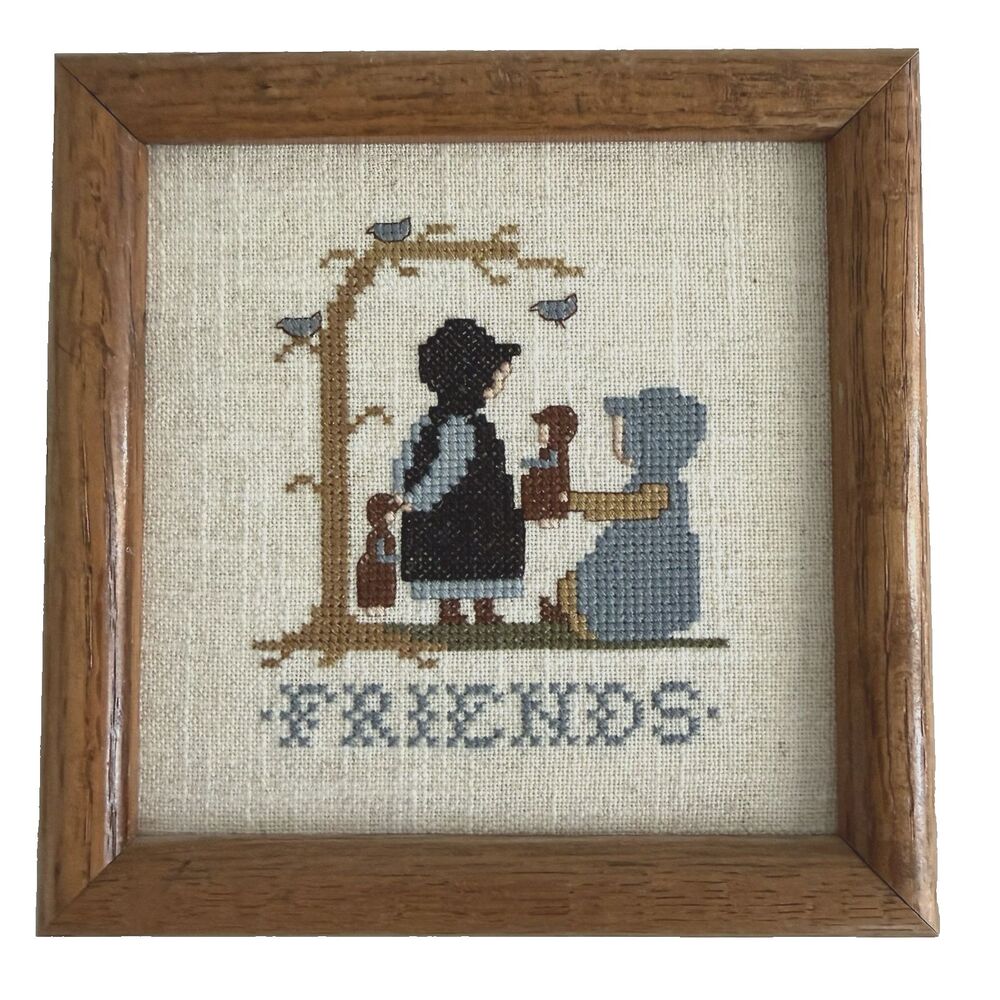 Vintage Cross Stitch Friends In Handcrafted Frame 7.5” Square 1980’s